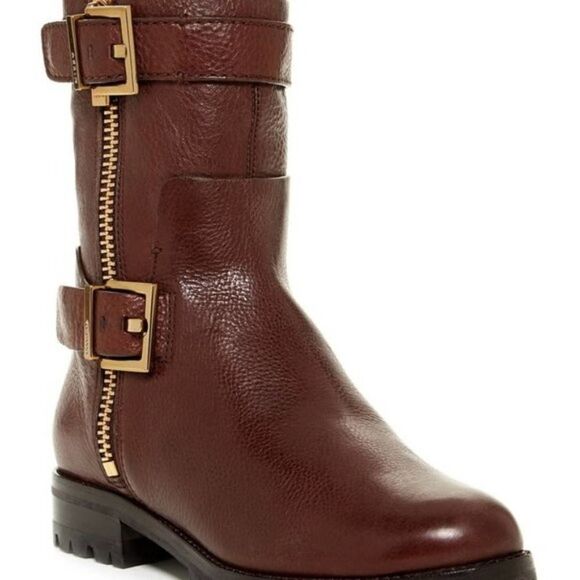 Aerin Shoes - Aerin Lacy Leather Tall Boot in espresso brown gold accent buckle zip Womens 7